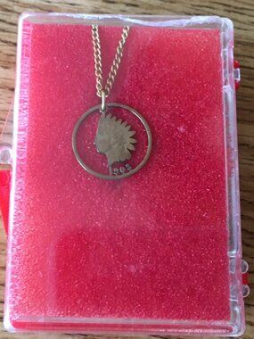 Cut-out Coin Jewelry Indian Head Cent with Necklace 1908 (?) Length 19 inches